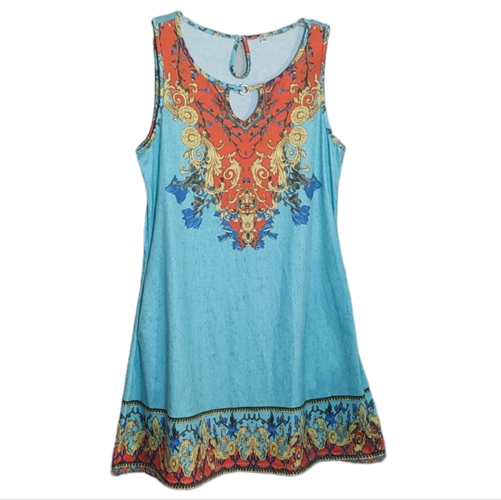 Summer Turquoise ALine Dress w/ Colorful Scroll at Hem & Neckline Medium